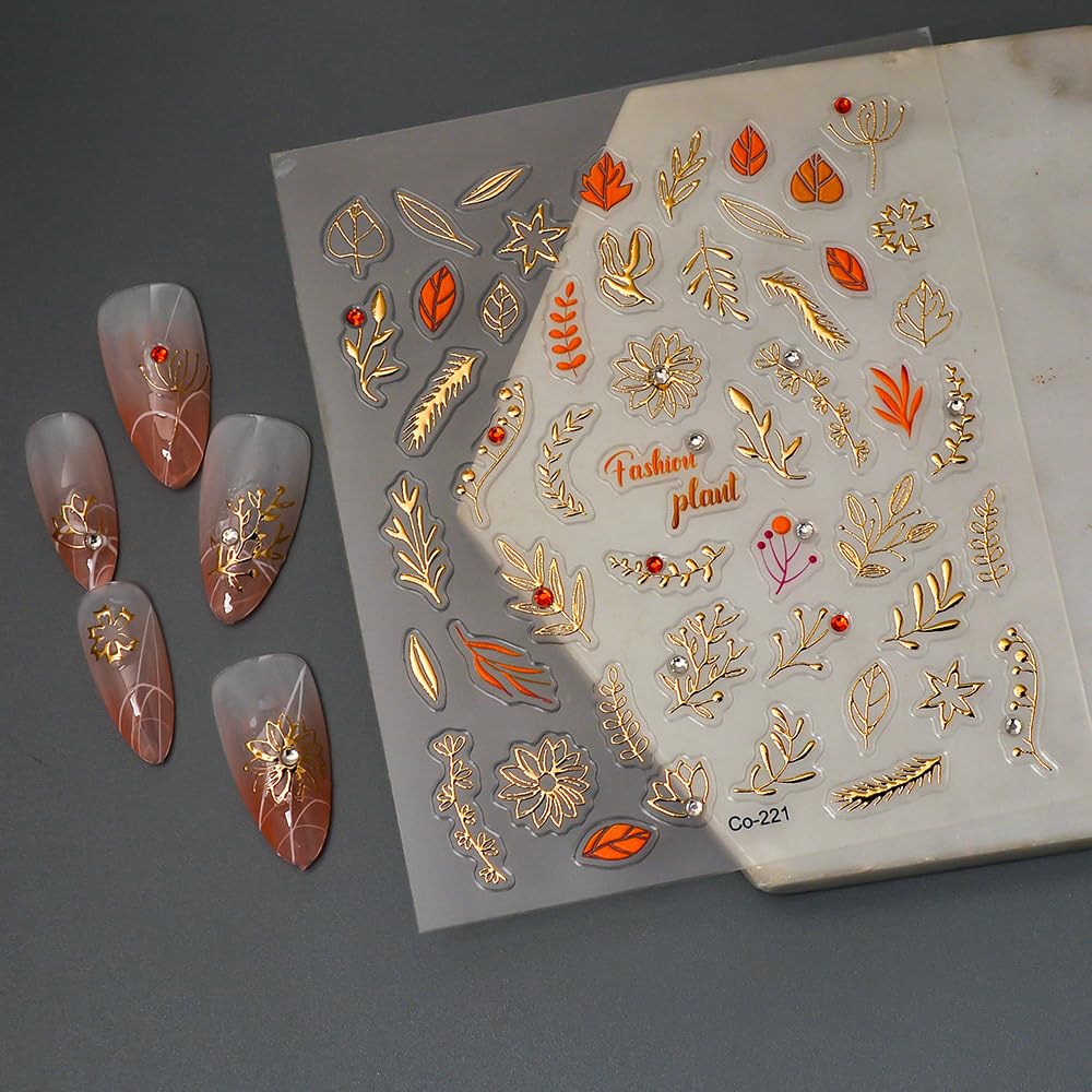 Sevgob 5D Embossed Fall Nail Art Stickers Leaf Nail Stickers Gold Plant Maple Leaf Nail Decals with Rhinestone Designs Self-Adhesive Autumn Nail Supplies for Women Girls Acrylic Nails DIY Manicure