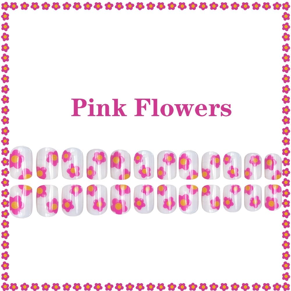 Flower Press on Nails Short Square Fake Nails with Rose Pink Floral Design Glossy Skin Tones Glue on Nails Daisy Nails Press ons Reusable Full Cover Spring Acrylic Nails for Women Manicure 24Pcs