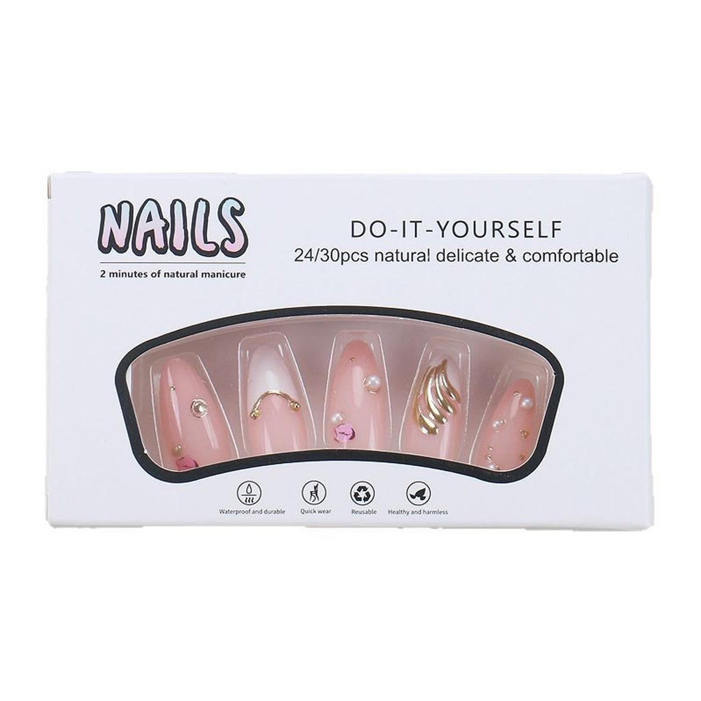 3D Cute Flowers Press on Nails Medium Almond Press on White French Tip Fake Nails Gold Edge False Nails with Pearls Designs Stick on Nails Glossy Glue on Nails for Women Nails Decor Accessories 24Pcs