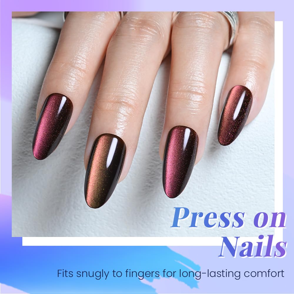 XZMeiLun Cat Eye Purple Red Press On Nails Almond Medium, Magnetic Acrylic Fake Nails Stylish Design, Salon-Quality Shiny Finish, Reusable Stick On Nails Kit for Women, Daily Wear (No Glue Included)