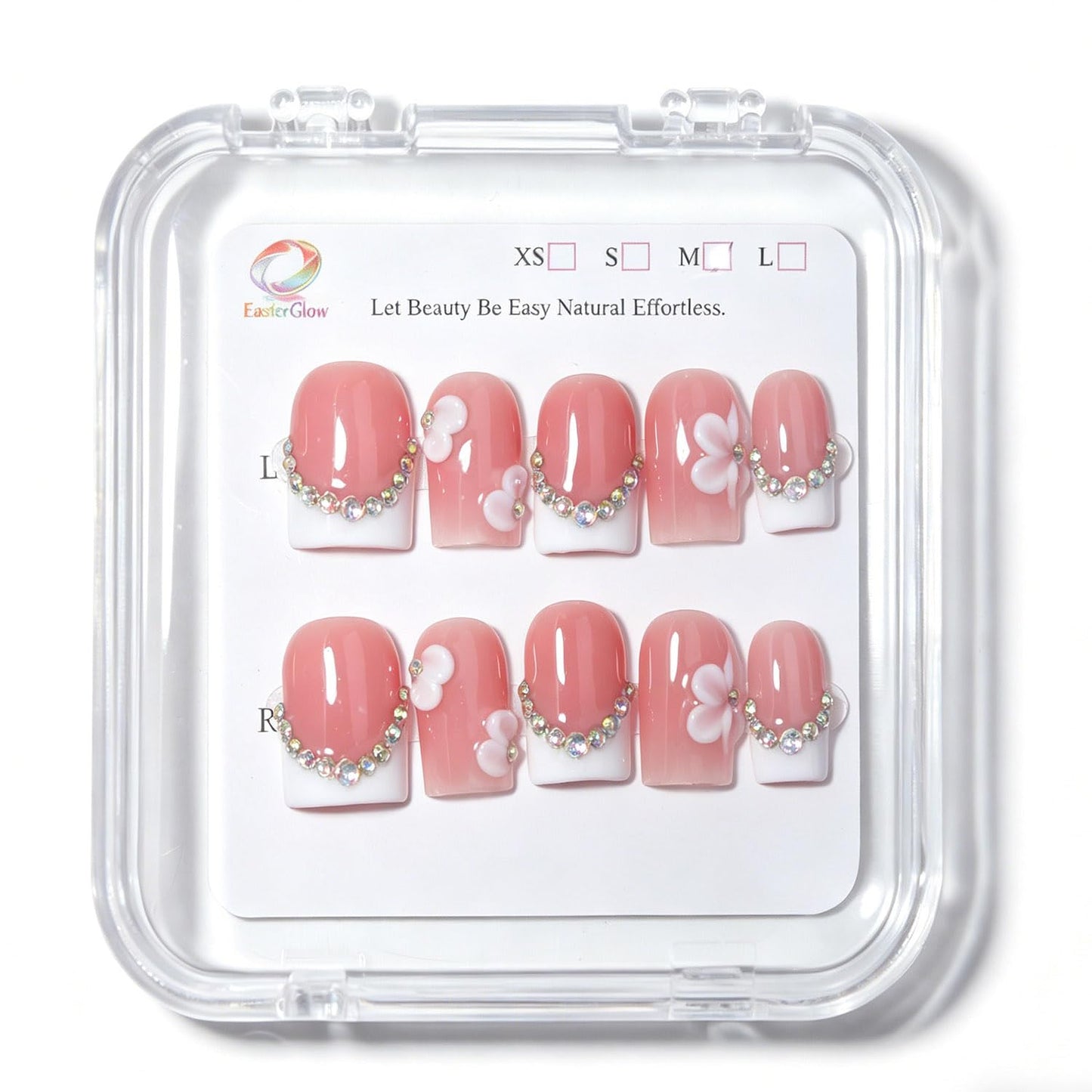 EasierGlow 10 Pcs Handmade Short Square Press On Nails - Easy Apply & Remove, Reusable Salon Quality | Pink White French Press Ons with 3D Flower & Iridescent Rhinestone Chain Accents (EGB01, S)