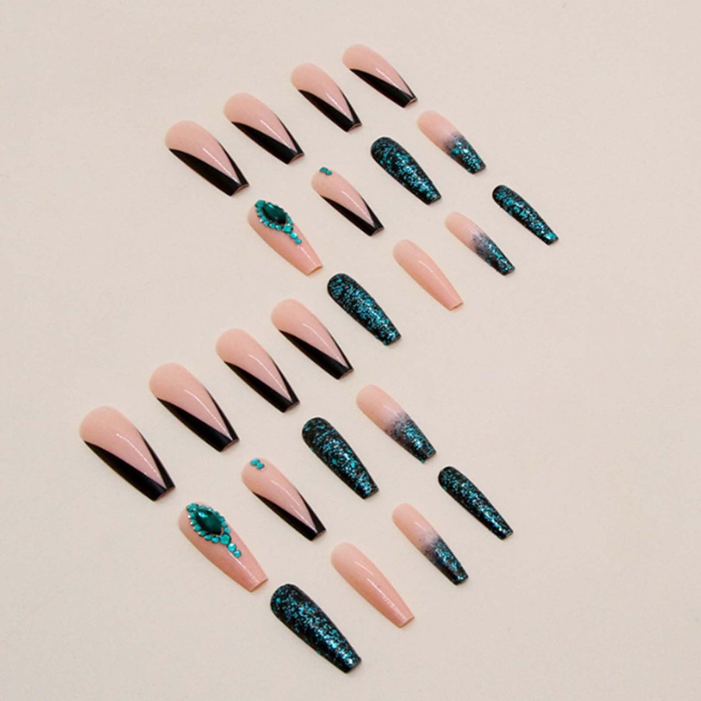 Gifiky Gradient Fake Nails Long Coffin Press on Nails French Nails Tips Crystal Gem Design Full Cover False Nails Green for Women and Girls 24Pcs