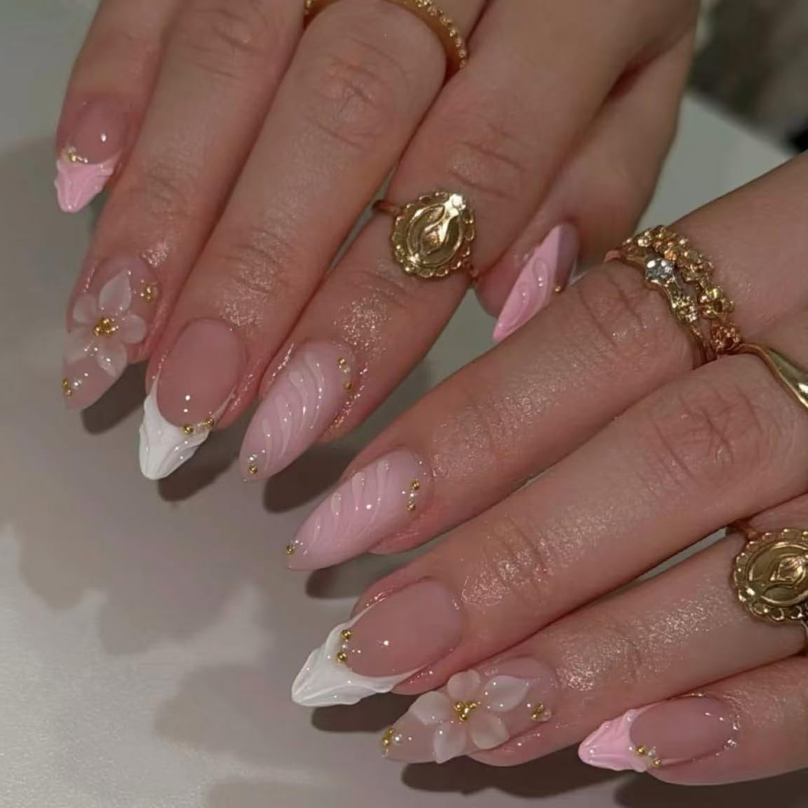 Handmade French Tip Press on Nail Almond Fake ons with Designs Chrome False Nails Long Glossy Full Cover Glue on Nails Stick Women Nails Manicure Decoration 10Pcs (MT-169-S)