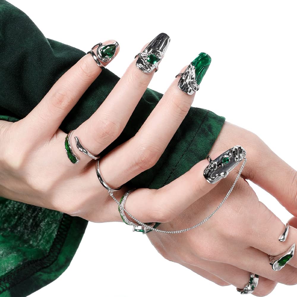 10Pcs Finger Tip Nail Rings for Women, Adjustable Opening Nail Art Charms Accessories, Finger Tip Ring Claw Rings Nail, Irregular Fingertip Nail Armor Ring Punk Jewelry Set (Green)