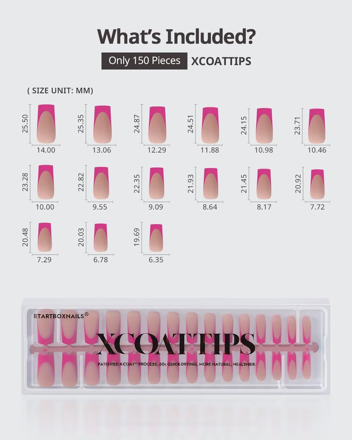 BTArtboxnails XCOATTIPS Pink French Tip Press On Nails - Long Press On Nails Square, Soft Gel Nail Tips, 150Pcs Soak Off Acrylic Brown Fake Nail Extension in 15 Sizes