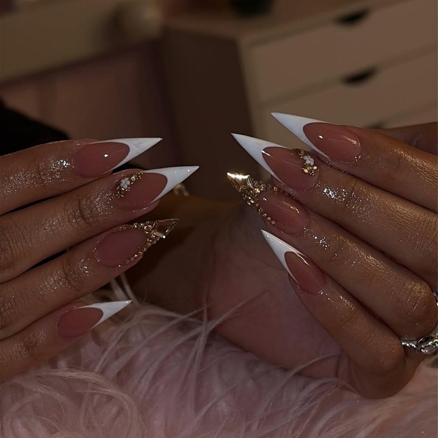 Handmade White French Press on Nails Long Stiletto False Nail with 3D Rhinestone Designs Handmade Flower Fake Nails Muti-Layer Gel Acrylic Nail Full Cover Stick on Nails for Women（M)