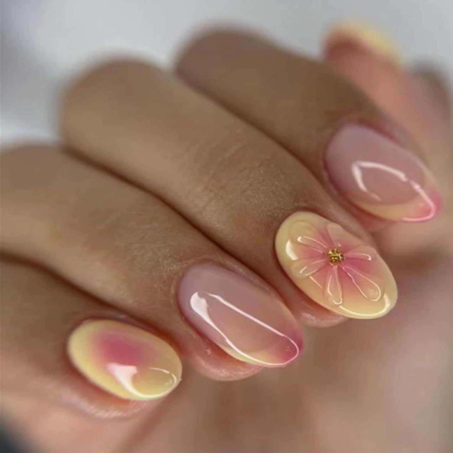 24Pcs Yellow French Tip Press on Nails Short Almond Fake Nails with 3D Flower Glue on Nails Gradient False Nails Summer Acrylic Nail Full Cover Floral Stick on Nail for Women Nail Art Designs