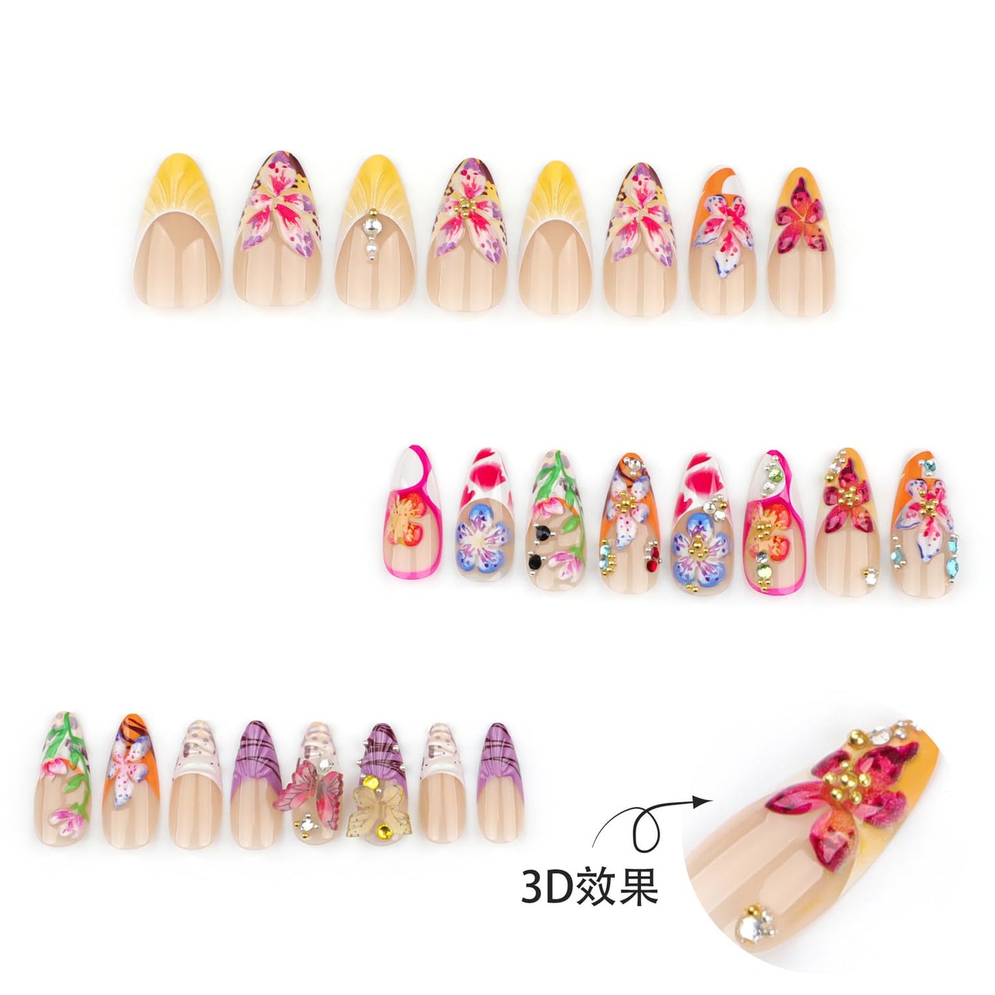 24Pcs Colorful Flower Press on Nails Medium Almond Fake Nails with 3D Butterfly Rhinestones Design Handmade False Nails Spring Summer Acrylic Nails Cute Floral Nails Stick on Nails for Women