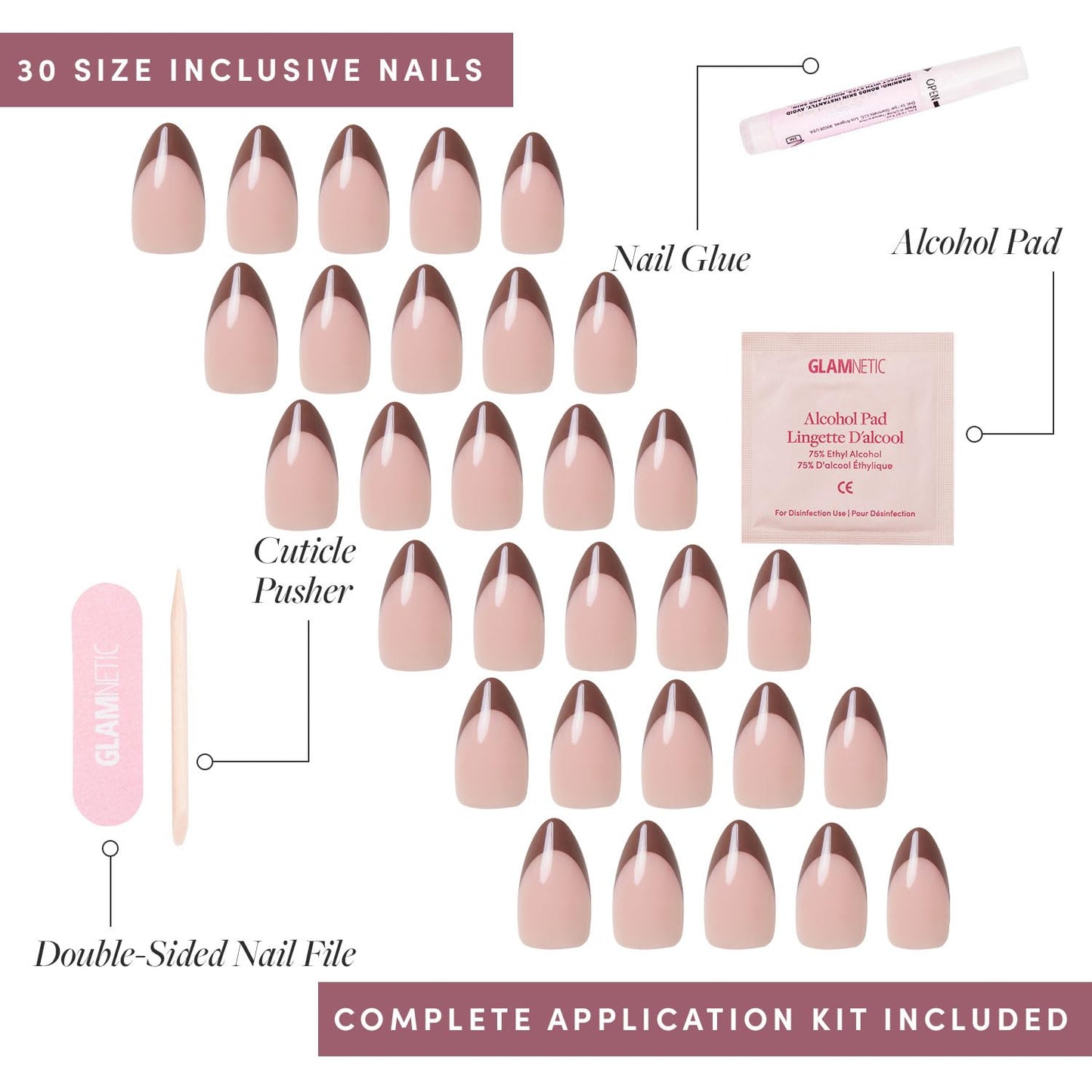 Glamnetic Press-On Nails Bundle - Chocolat & Fiery Red | Semi-Transparent Dark Brown French Tip Short Almond False Nails | Bright Red Short Almond Fake Nails | Reusable, Salon-Quality Nail Kits
