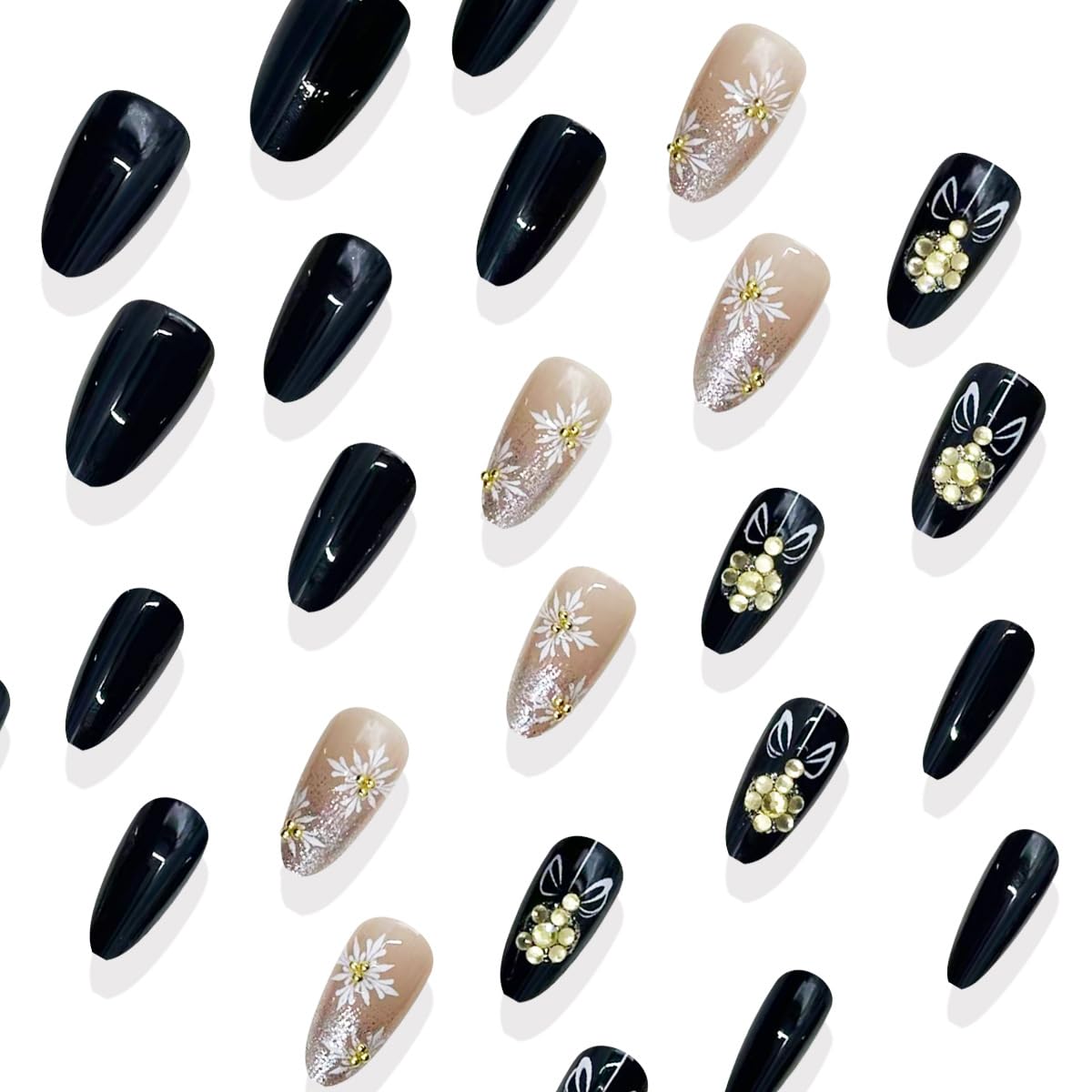 30Pcs Christmas Press on Nails Medium Almond Fake Nail with Gold Rhinestone Designs Snowflake Black False Nails for Women Winter Full Cover Holiday Glue on Nails Xmas Nail Press ons