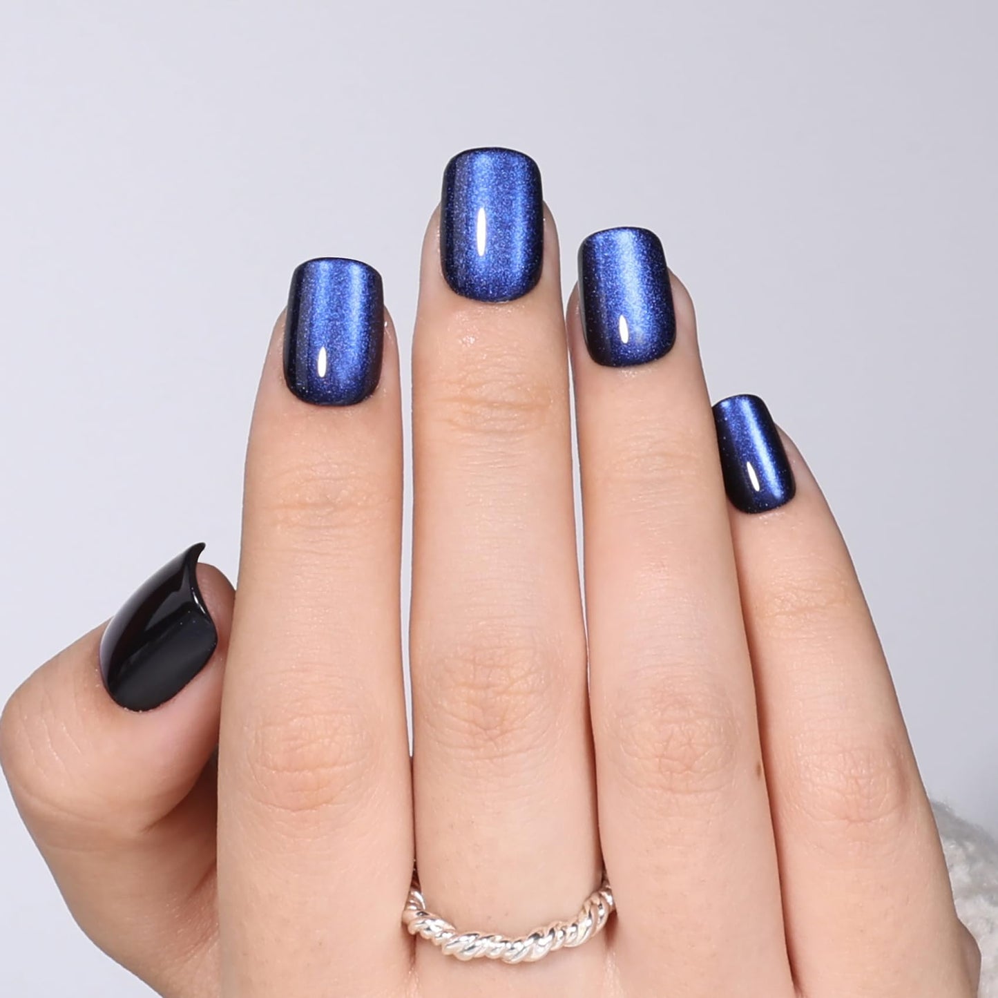 Blue Cat Eye Press On Nails Square - Short Square Fake Nails with Nail Glue, Dark Blue Cateye Press On Nails Reusable Stick On Nails in 15 Sizes 30 Nail Kit for Women & Girls | Salon Quality