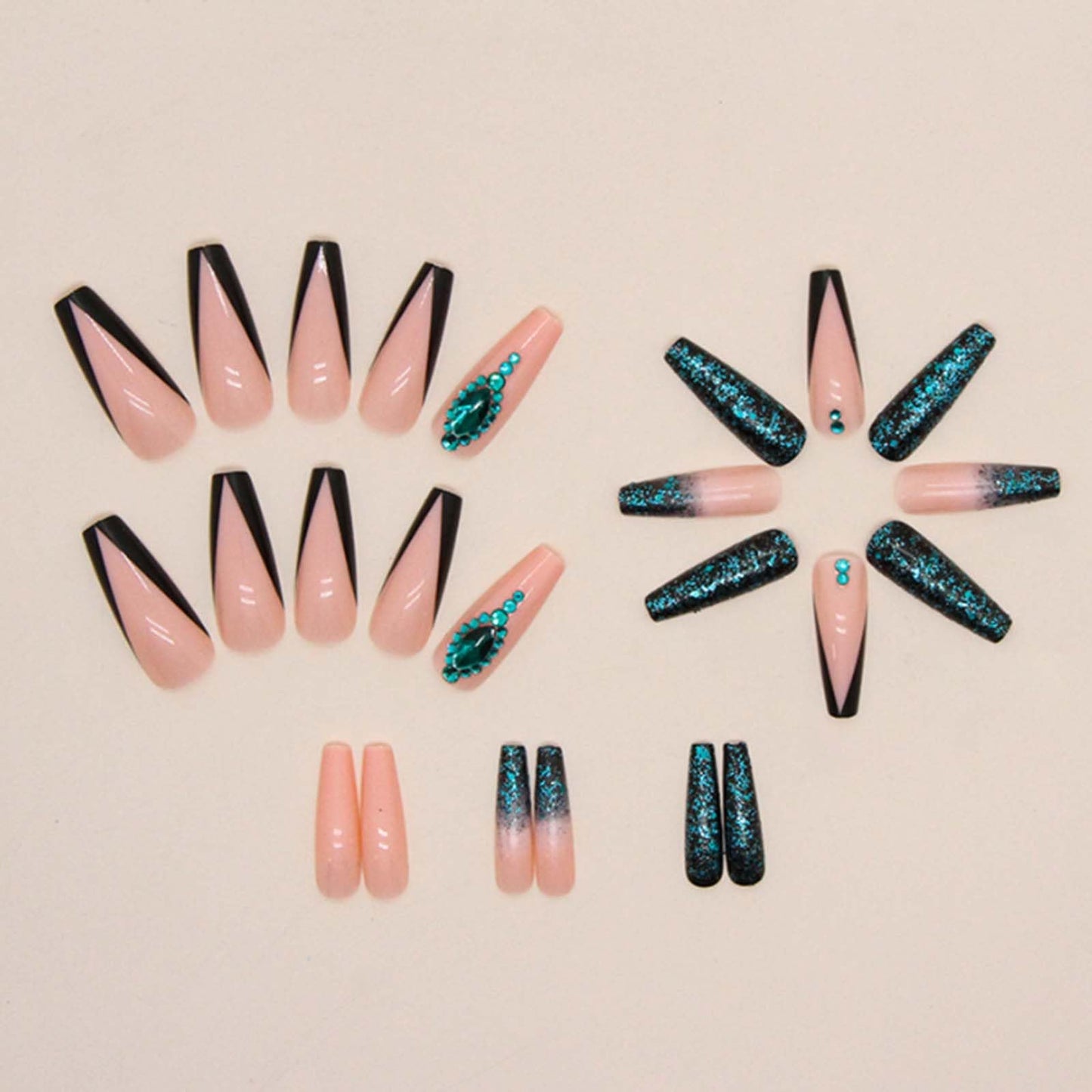 Gifiky Gradient Fake Nails Long Coffin Press on Nails French Nails Tips Crystal Gem Design Full Cover False Nails Green for Women and Girls 24Pcs