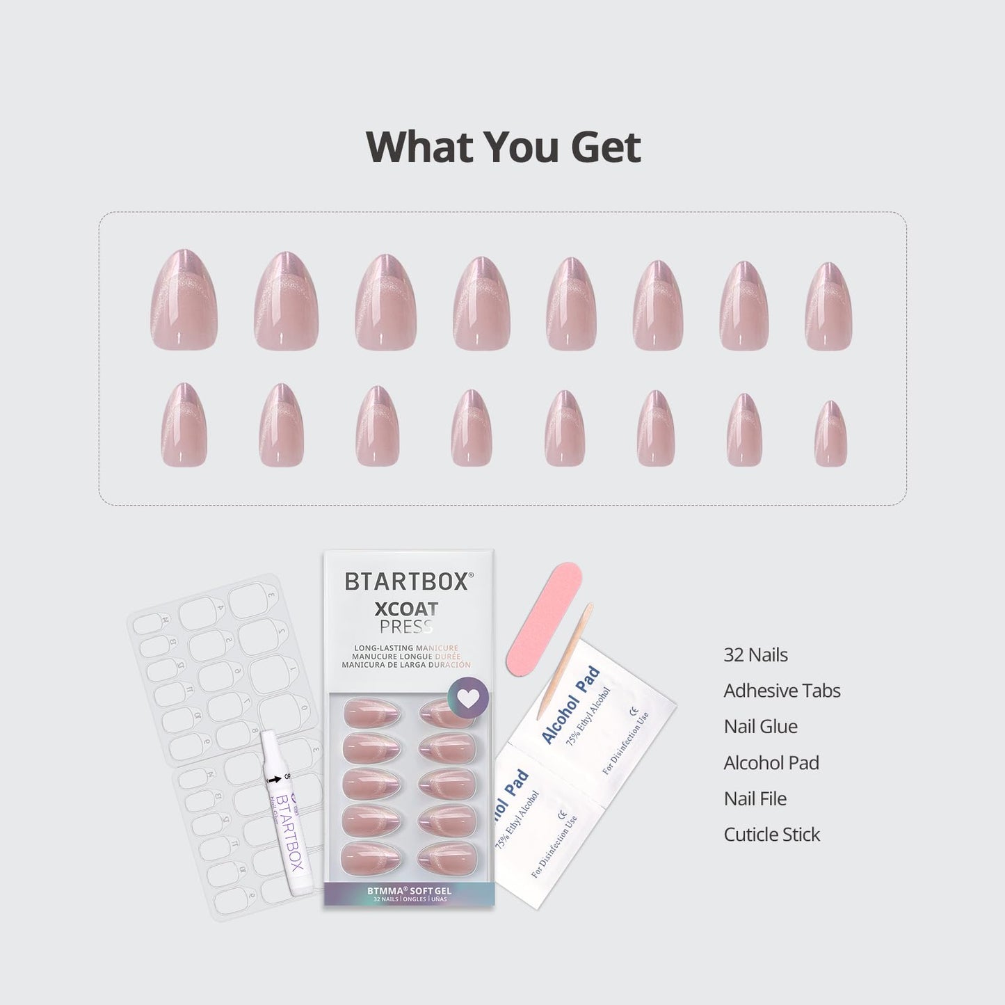 BTArtbox Press On Nails Almond - Diamond Dust, Lamp-Curable Cat Eye Chrome French Tip Short Press On Nails with Glue and Adhesive Tabs for Women in 16 Sizes - 32 Soft Gel Glue On Nails Kit