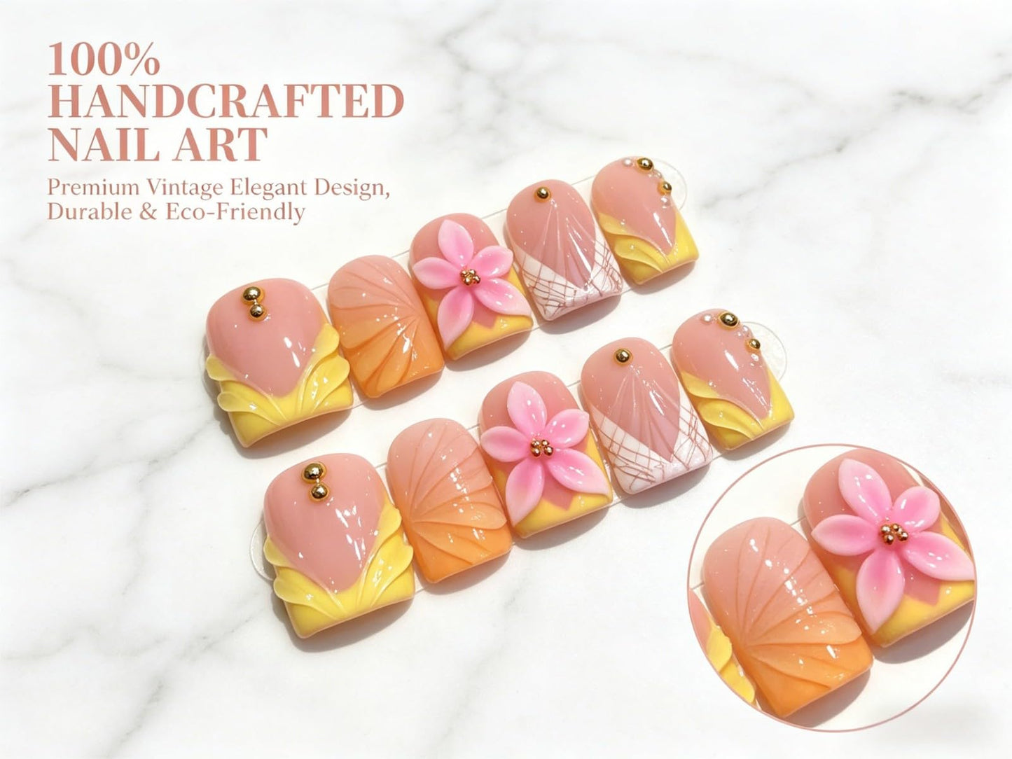 Vokupoga Handmade Press on Nails Short Square Fake Nails French Tip False Nails with 3D Flower Designs Pink Acrylic Nails for Women 10Pcs(Size M)