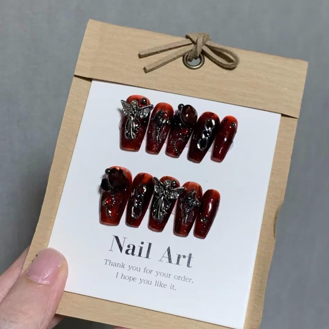 MAOLEETO Press on Nails, Short ladder Fake Nails Bloodthirsty Angel False Nails Middle Red Press on Nails for Women Girls Nail Art Decoration,Bloodthirsty Angel - Middle
