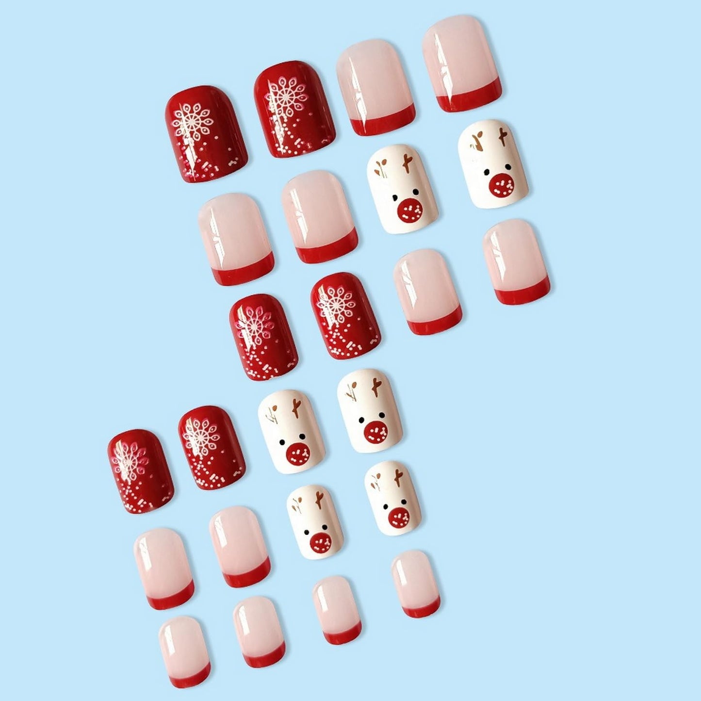 24Pcs Christmas Press on Nails Short Square Red French Fake Nails with Elk Snowflake Design Red White Full Cover Artificial Acrylic Nails Xmas Winter Stick on Nails for Women DIY Manicure Decoration