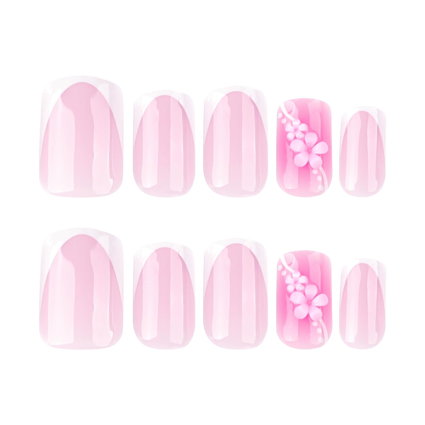 Pink Flower Press on Nails Medium Square Fake Nails White French Tip Acrylic False Nails with Spring Floral Designs Glue on Nail Glossy Artificial Nails Full Cover Stick on Nail for Women 24Pcs
