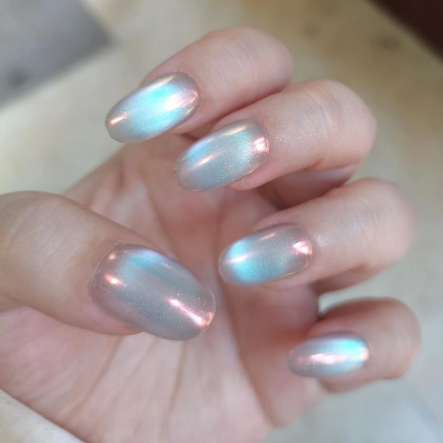 Cat Eye Press on Nails Handmade Short Oval/Square/Round False Nails with French Tip/Aurora/Magnetic Shimmer Designs (Aurora#Sunset River, Large)