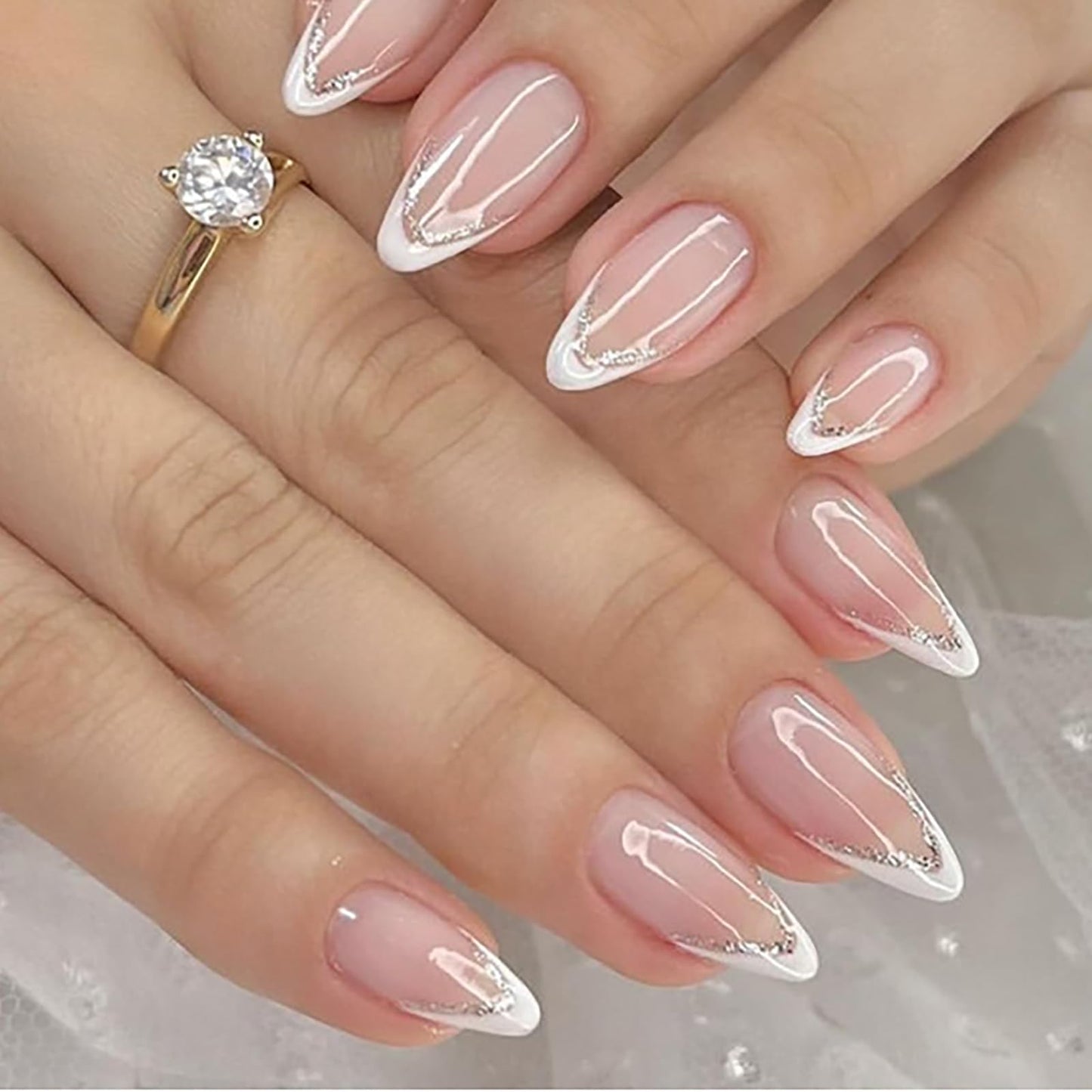 Short Almond Press on Nails With White French Tip Fake Nails Nude Pink Press ons with Silver Line Design Acrylic False Nails Glossy Artificial Stick on Nails for Women Girls 24 Pcs