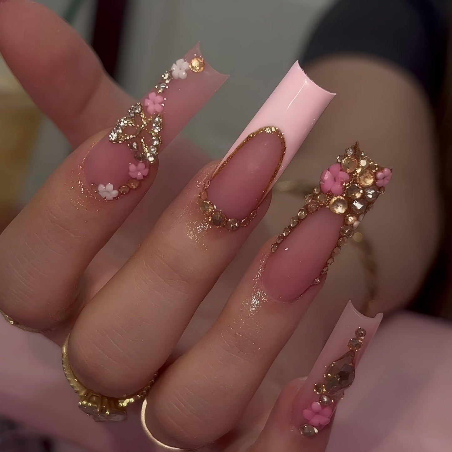 Luxury Handmade Press on Nails Long Square Fake Nails Summer Pink Press Ons with Rhinestones Flowers Design Reusable False Nails Full Cover Stick on Nail for Women Manicure 10Pcs (Size M)