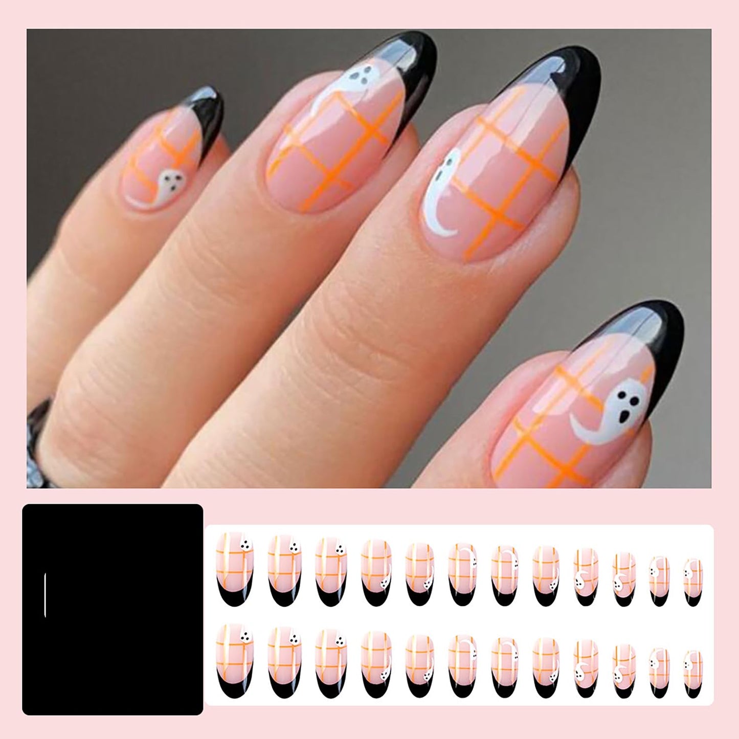 24 Pcs Halloween Press on Nails Almond Medium Fake Nails French Tip Halloween False Nails with Cute Ghost Grid Design Artificial Nails Press ons Full Cover Holiday Stick on Nail for Women Girls