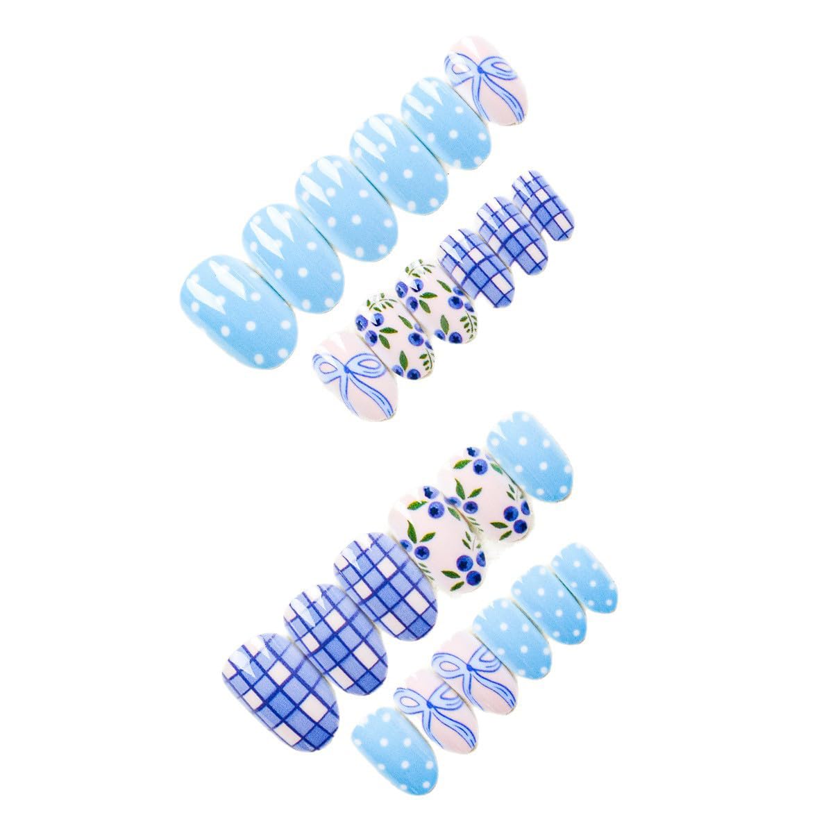 Spring Press on False Nails Polka Dot Fake Nails Blue Short Oval Glue on Nails with Blueberry Checkered Bow Designs Glossy Press ons Stick on Nail for Women Manicure 24Pcs
