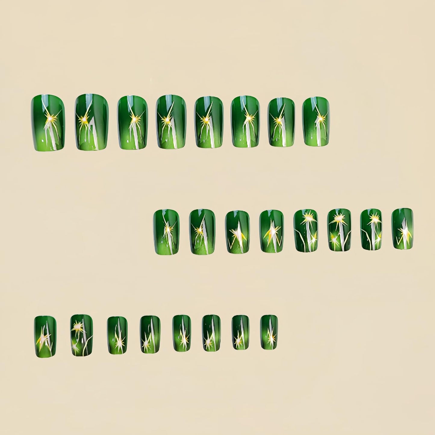 Green Press on Nails Medium Square Lightning Design Full Cover Glossy Artificial Acrylic Coffin Nails Reusable Glue on DIY Stick on for Women 24Pcs
