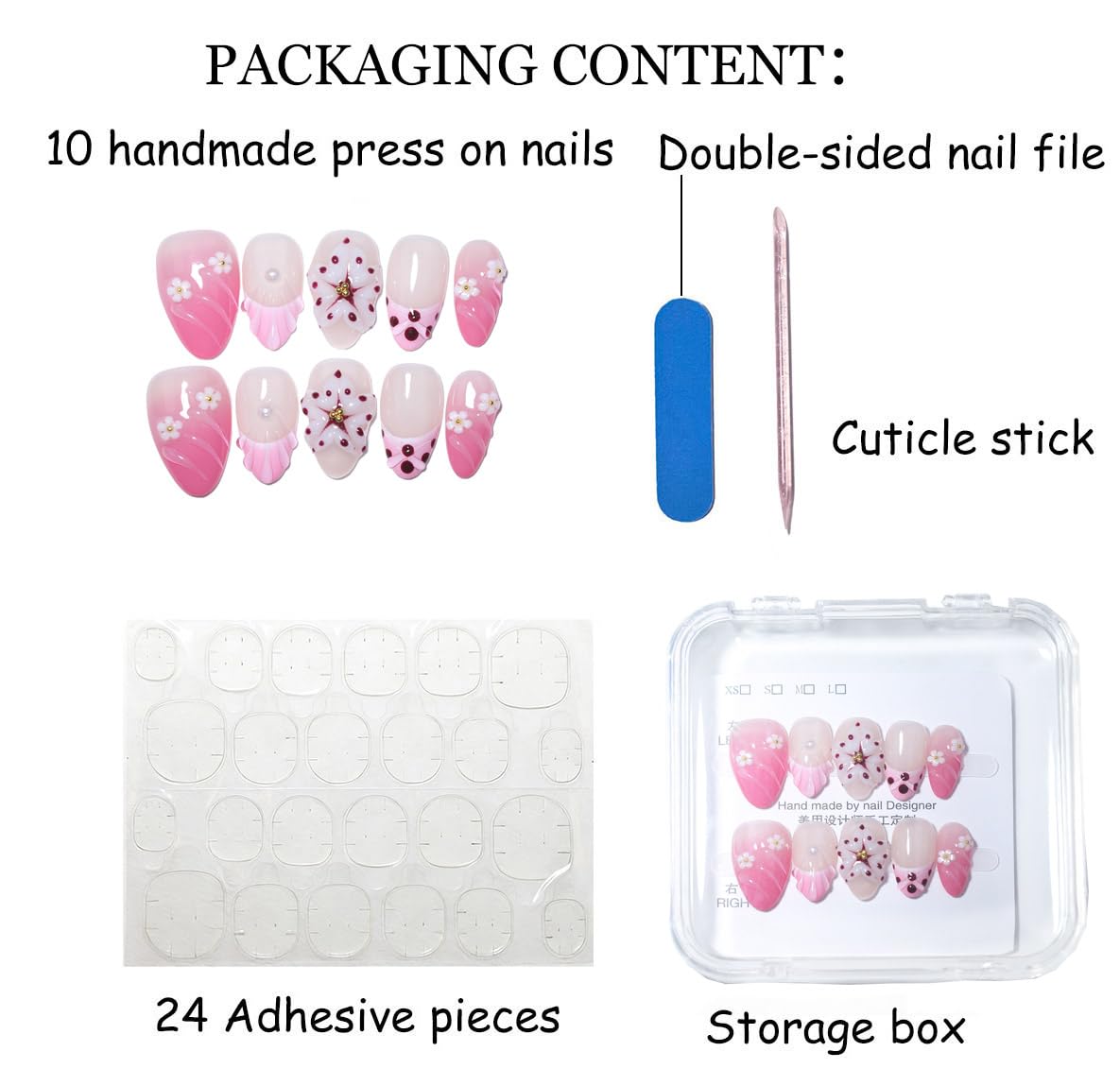 10Pcs Short Almond Handmade Press On Nails | Pink Ombre with Seashell, 3D Floral & Pearl Decor | Reusable Salon-Quality Fake Nails for Women and Girls (PZ01, S)
