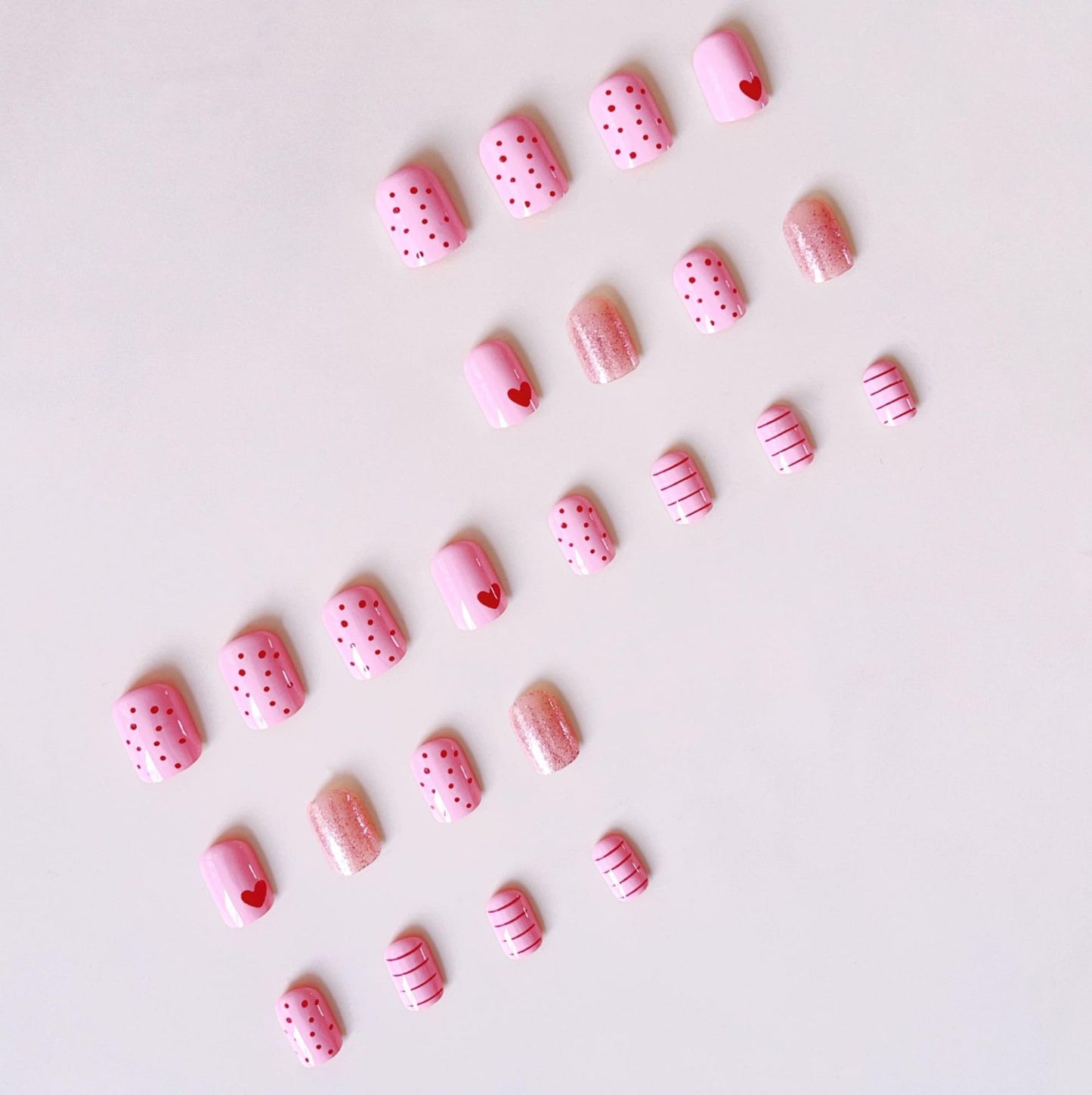 Valentine Pink Press on Nails Short Square Fake Nails Red Polka Dot - Glitter Heart Valentine False Nails for Women Line Full Cover Glue on Nails Reusable Short Acrylic Nails Manicure Kit 24Pcs