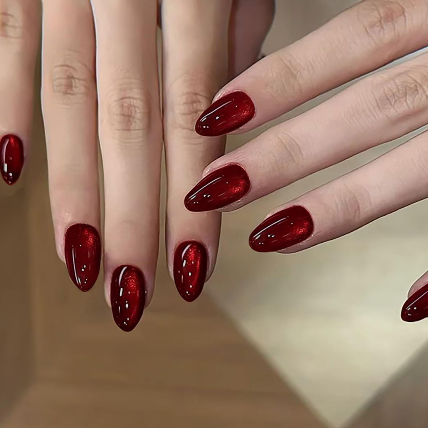 HOSAILY Red Cat Eye Press on Nails Almond, 24pcs Glitter Burgundy Fake Nails Short Stiletto, Winter Xmas Black Dark Red Glue on Nails Press ons, Glossy Shiny Bling Natural Stick on Nail for Women Gift