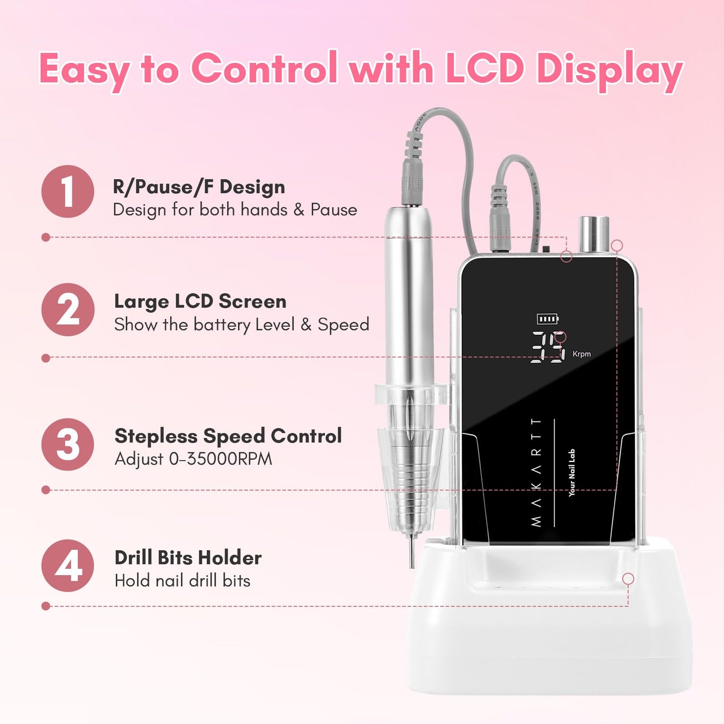 Makartt Nail Drill Professional, 35,000RPM Electric Nail File for Acrylic & Gel Removal, 60W Brushless Coreless Motor, 2-in-1 Desktop & Portable, LCD Display, Rechargeable, Quiet, F&R, Nouvella Black