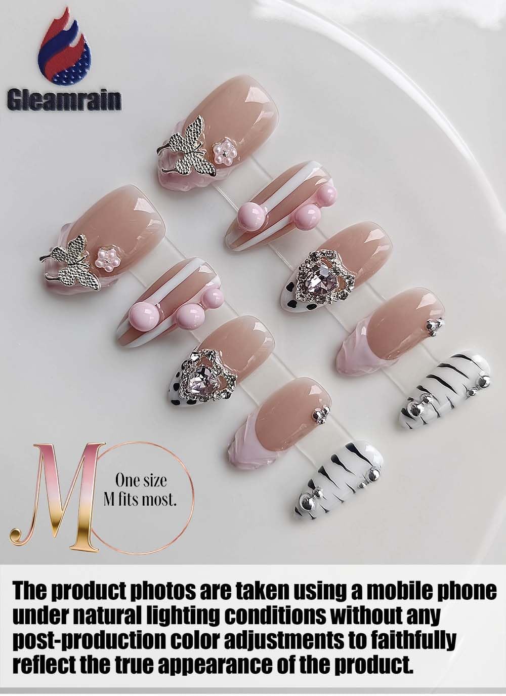 Gleamrain Almond Medium Handmade Press on Nails for Women, Handcrafted Butterfly and Nude Design Reusable Full Cover Fake Nail for Daily Wear Party Birthday D312