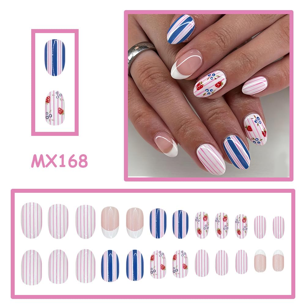 QUNQINLI White French Tip Press on Nails Short Oval Fake Nails Press ons Nail Tips Kit with Strawberry Pink Striped Design Summer False Nails Full Cover Nude Glossy Glue on Nails for Women 24 Pcs