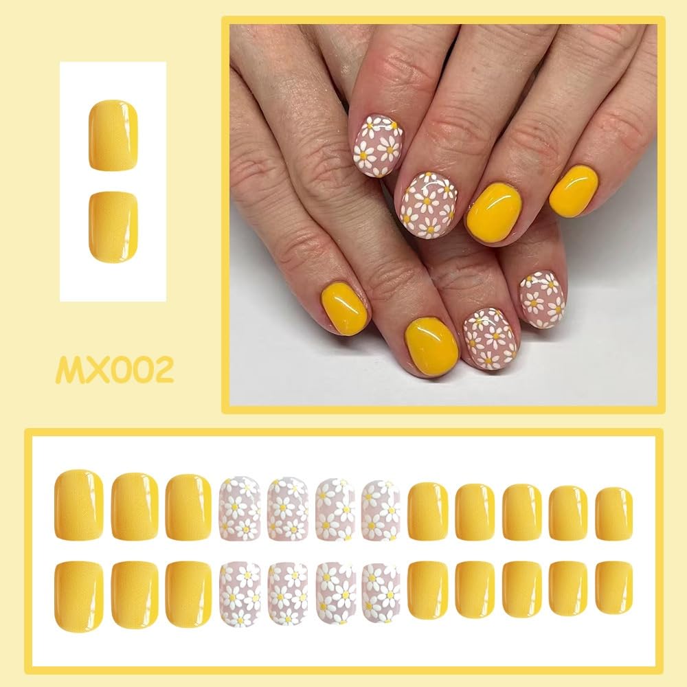 Flower Press on Nails Short Square Fake Nails with White Floral Design Glossy Yellow Glue on Nails Daisy Nails Press ons Reusable Full Cover Spring Summer Acrylic Nails for Women Manicure 24Pcs