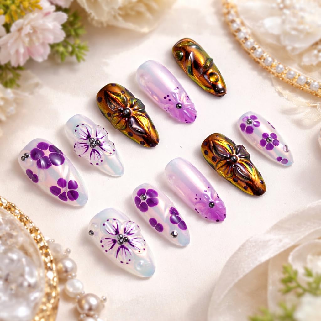 IntoVibes 10 Pieces Handmade Press On Nails Medium Almond, Purple Thickened False Nails With Floral Decoration, Reusable Fake Nails Almond, Reusable Acrylic Nails (M)