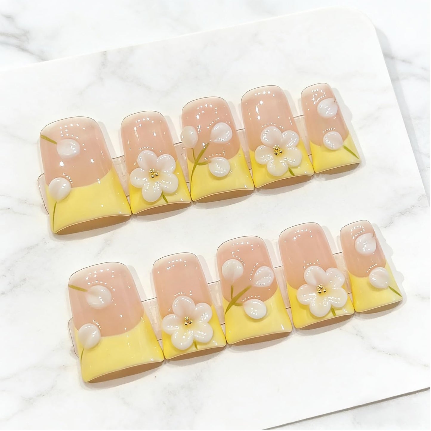 Spring Summer Duck Press on Nails Handmade Press on Nail Luxury Yellow French Acrylic Fake Nails 3D Flower Designs Stick on Nail Full Cover Thickened False Nails for Women Nail Art DIY（Size S 10 Pcs)