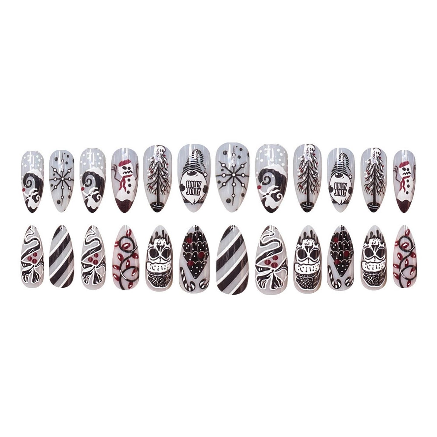 24pcs Christmas Press on Nail Almond Shape Fake Nails Full Cover Black White Press ones with Skull Christmas Tree Striped Snowflakes designs Winter Holiday False Nails Glossy Glue on Nails for Women