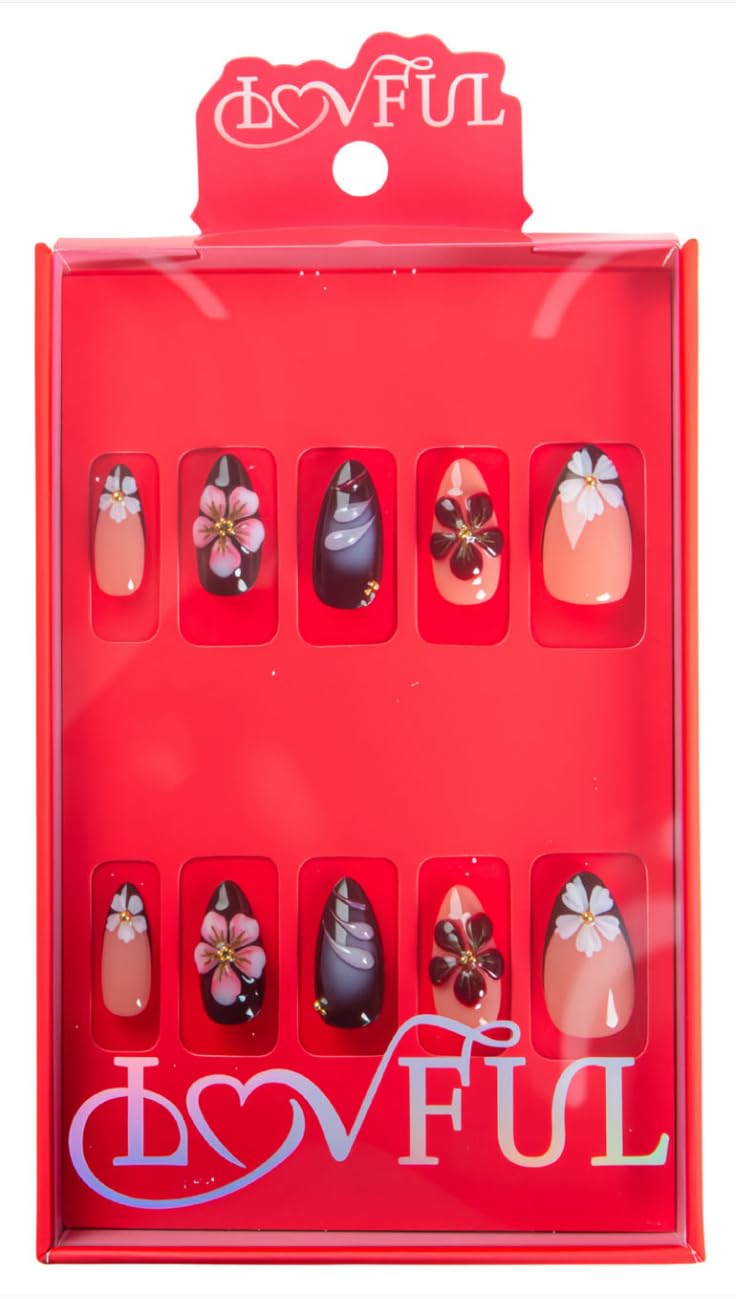 LOVFUL Reusable Press on Nails | Salon Quality Sustainable Style Handmade with Full Covered Crystals | Almond Regular 1.0 in | (Sakura Noir, L)