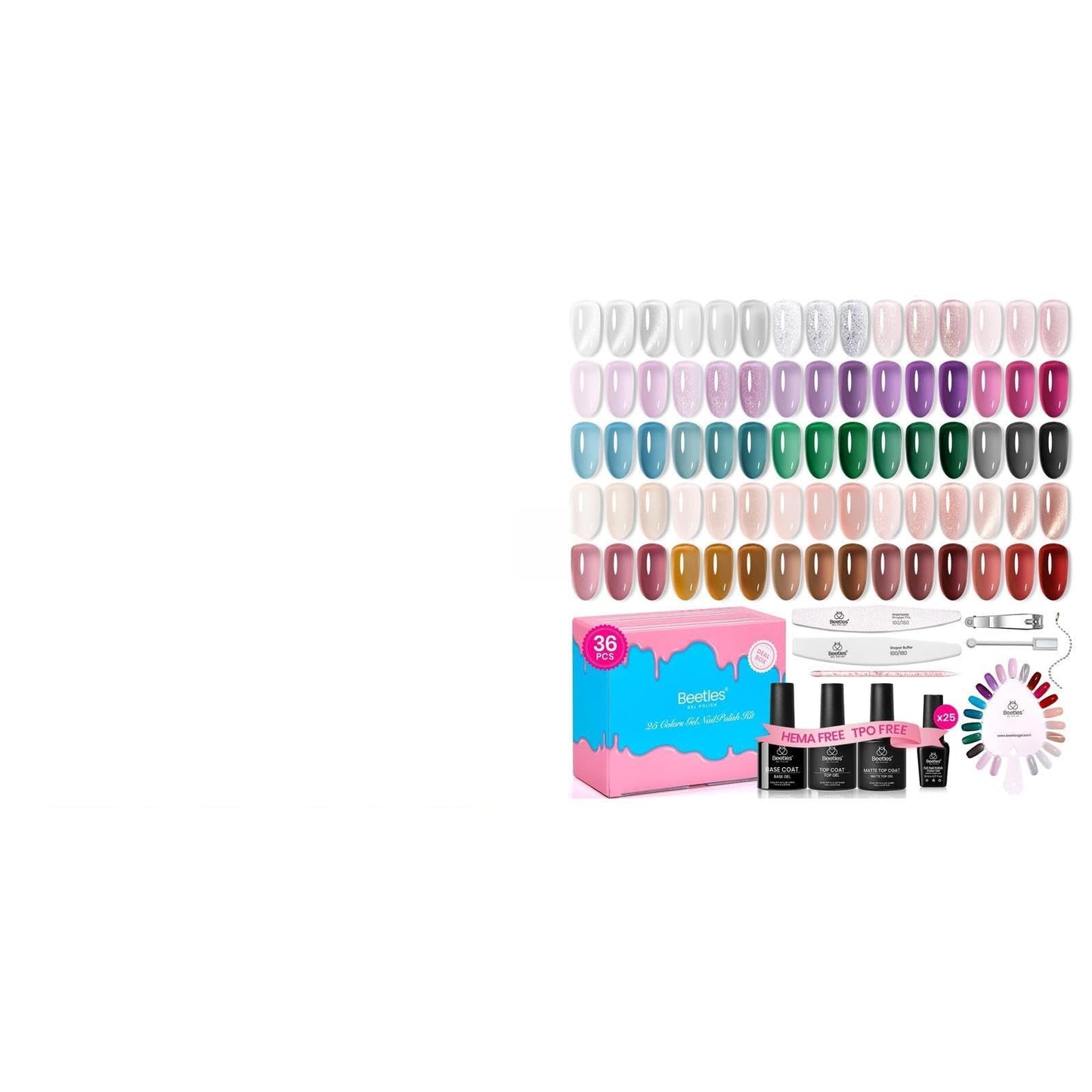 Beetles Milky White Press On Nails Short Squoval, 32pcs 16 Sizes, Soft Gel, Glue and Tabs, HEMA and TPO Free & Jelly Gel Nail Polish Set 25 Colors, 36PCS Kit, TPO HEMA Free Base and Top Coat