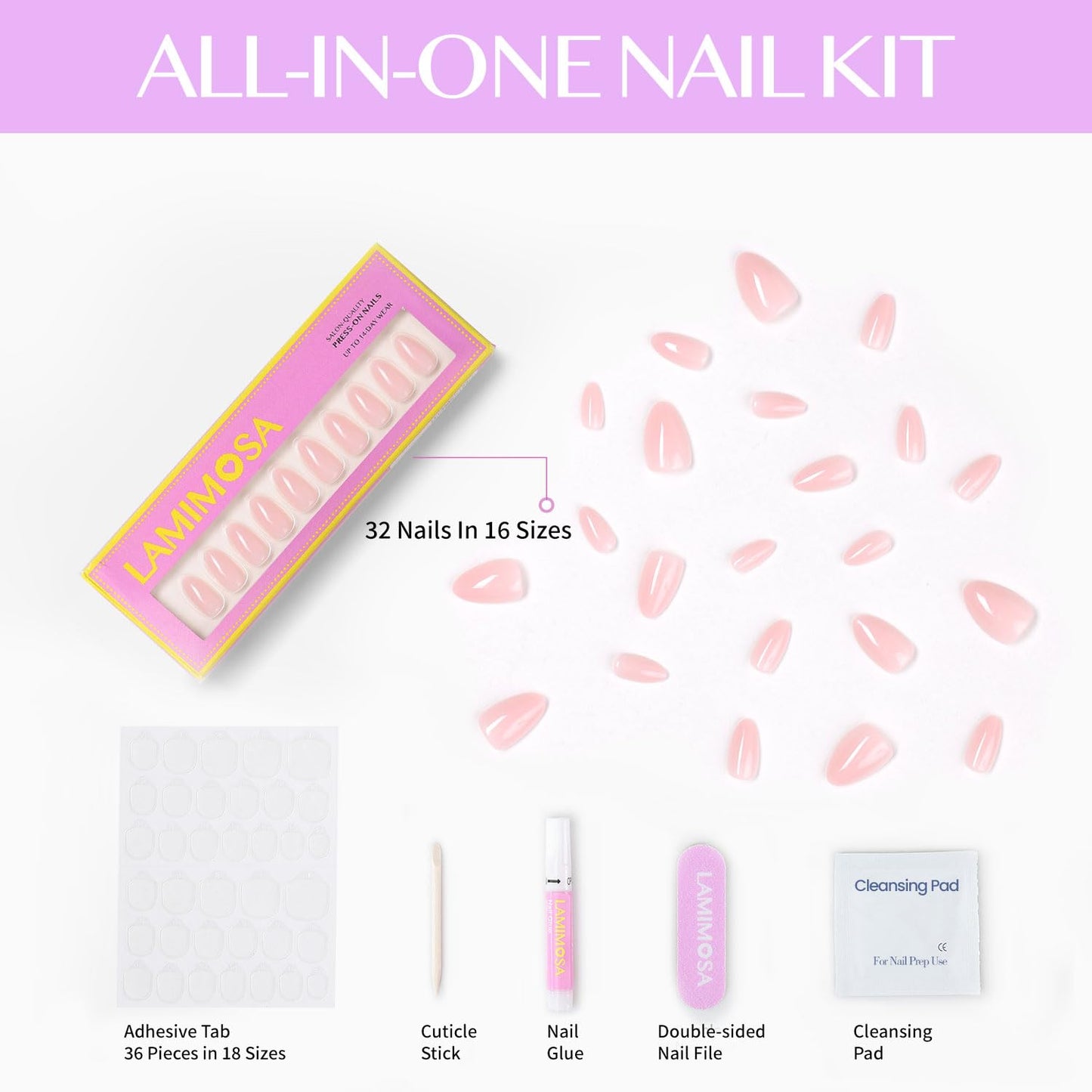 LAMIMOSA 32Pcs Milky Nude Pink Press On Nails Short Almond – Soft Gel Jelly Pink Fake Nails in 16 Sizes, Nuetral Glue on Nail kit, Spring Nails, JELLY PINK ALMOND