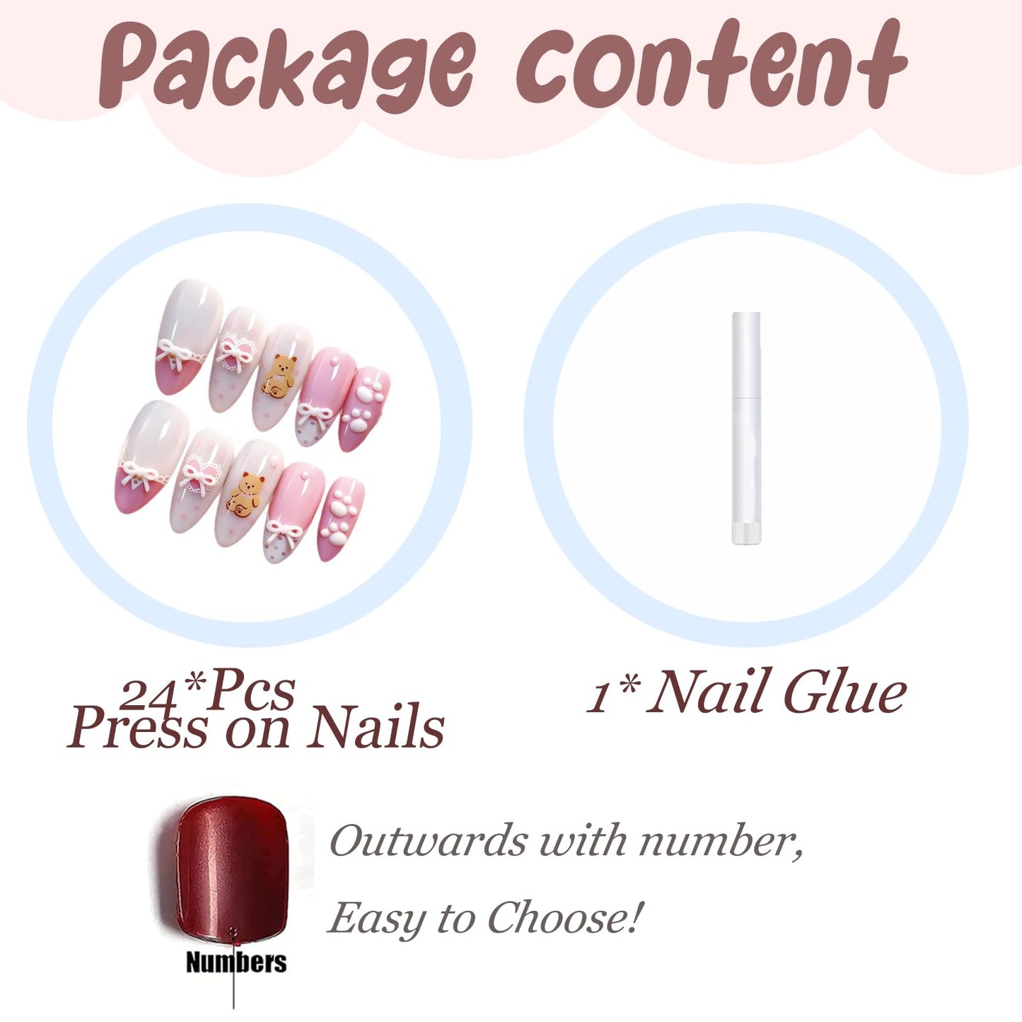 BABALAL Kawaii Bear Press On Nails, Almond Fake Nails with 3D Bow & Paw Print, Pink French Acrylic Full Cover Stick On Nails for Women 24Pcs