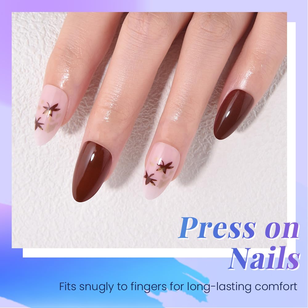 evpct Coffee Brown Press on Nails Short Almond with Leaves Design, Maple Leaf Pink Stick on Nail for Women Gift with Manicure Kit, Reusable Soft Gel Stick on Fake Nail with Designs Perfectly Fit