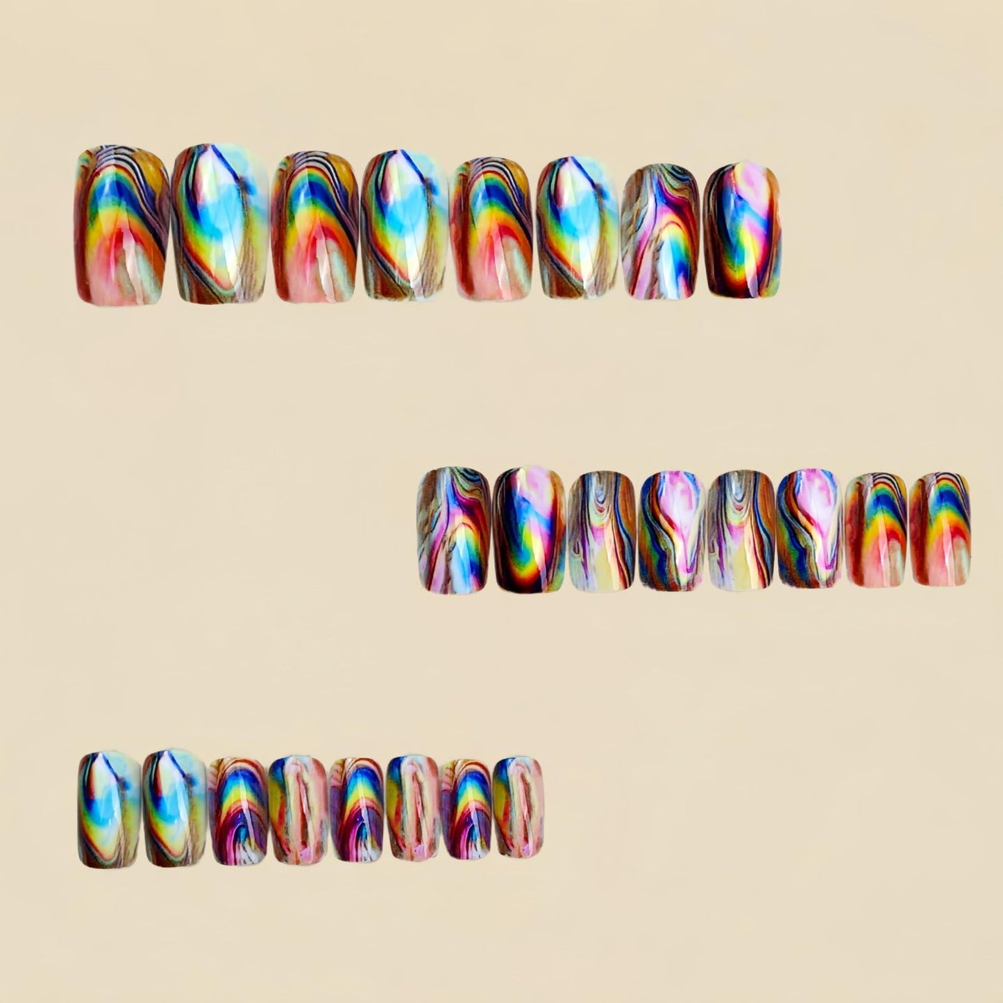 Medium Press on Nails Square Shape Fake Nails Aurora Marble False Nails Gradient Colorful Designs Spring Summer Acrylic Nails Full Cover Glossy Stick on Nail Holiday Glue on Nails for Women 24Pcs