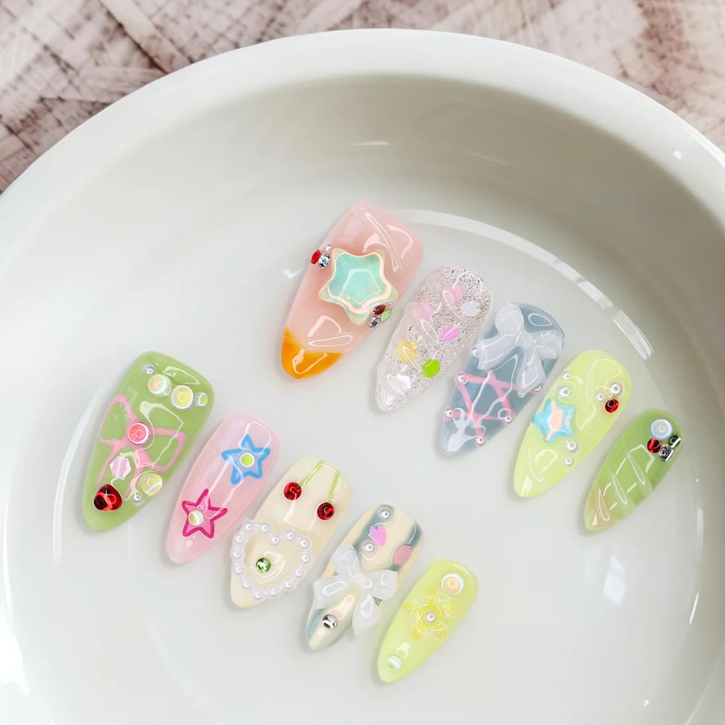 Short Press on Nails Almond Handmade False Nails 3D Stars Bow Pearl Designs Summer Flower Cherry Thick Acrylic Nails Full Cover Fake Nail Set Cute Glue on Nails for Women (Size M)