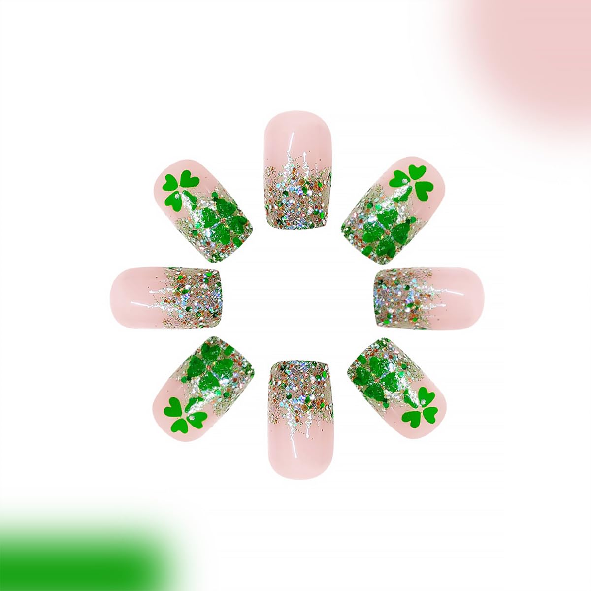 24Pcs St. Patrick's Day Press on Nails Short Square French Tip Fake Nails with Green Shamrock Design Silver Glitter Full Cover Artificial Glue on Nails Irish False Nails Cute Stick on Nails for Women
