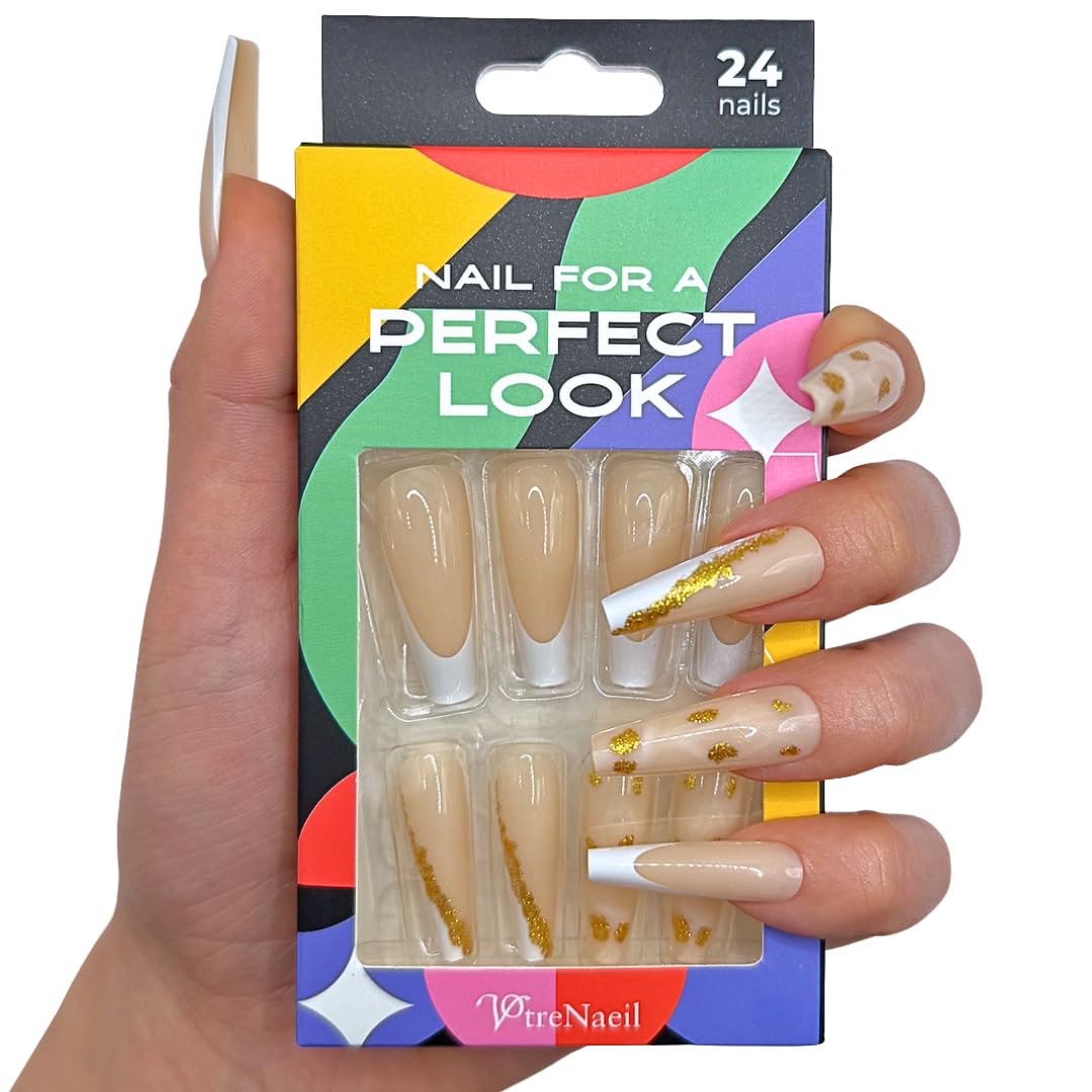 PerfectLook Press On Nails - Golden Ornament | No Glue Long Coffin French Gold Foil Nails with Glitter for Holiday - 24 Pcs Nail Kit with Adhesive Tabs