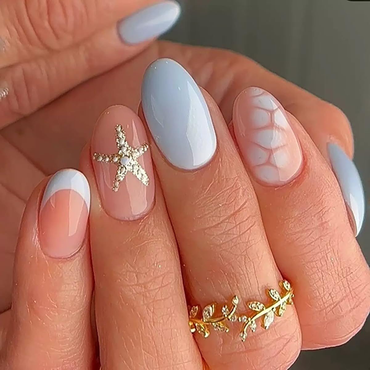144 Pcs Summer Press on Nails - Almond, Square Press on Nails Short - Starfish, Coconut Tree Design Fake Nails for Women - 6 Packs