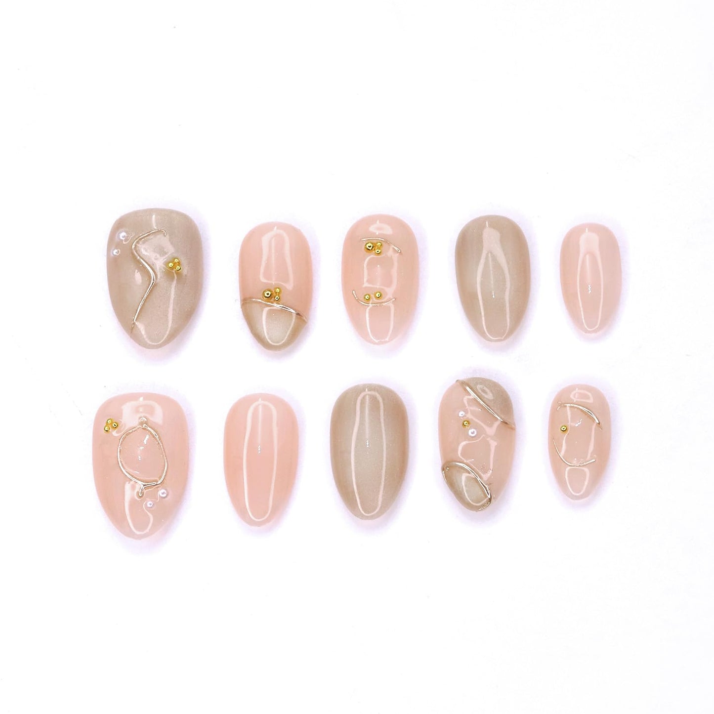 Handmade Press on Nails Short Length Thick Acrylic Nails Glitter False Nails with Steel Ball & Pearl Designs Almond Shaped Fake Nails French Full Cover Stick on Nail for Women (Size S）