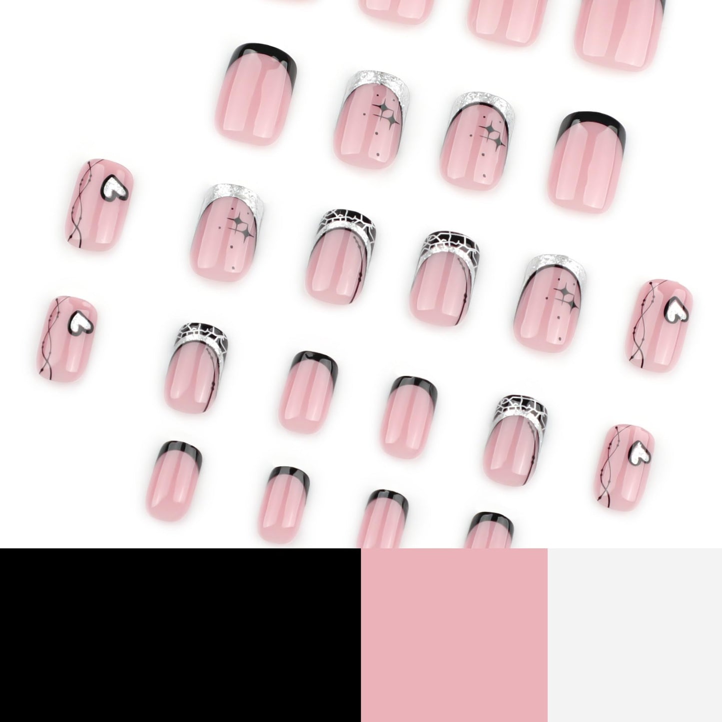 CTTHNBD Medium Press on Nails Square - Black French Tip Fake Nails with Heart Stripes Design - Rhinestone, Stick on False Nails - for Women 24 Pcs