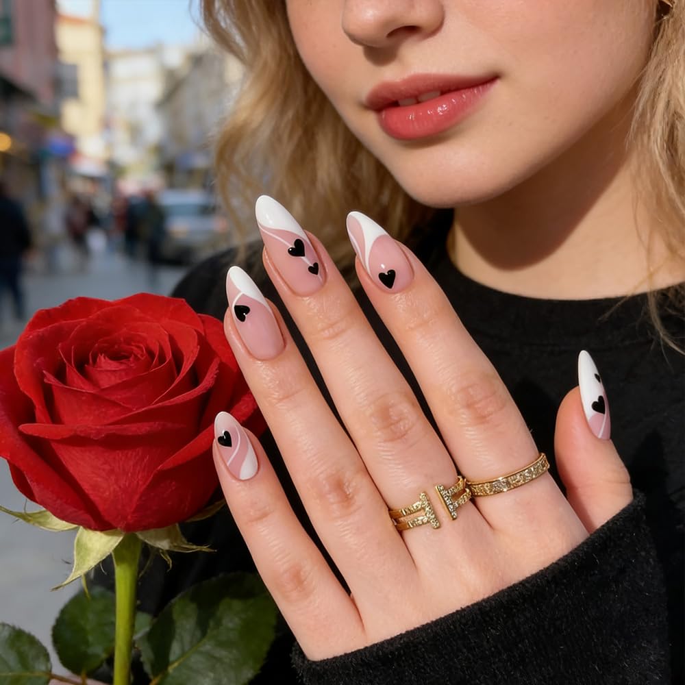 FJSMTOPl Valentine Press on Nails - Love Heart Fake Nails - Almond False Nails Press ons - French Tip Acrylic Glue on Nails - Artificial Stick on Nail for Women Manicure 24 Pcs